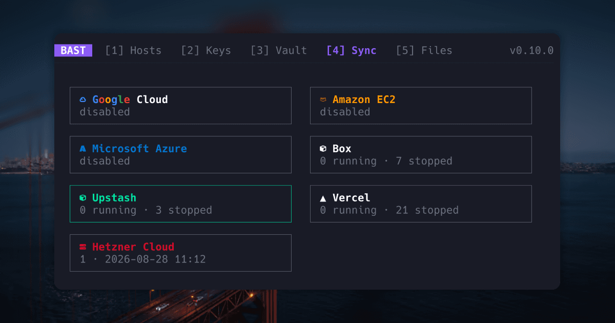 Bast.sh Tab 4 showing all supported providers